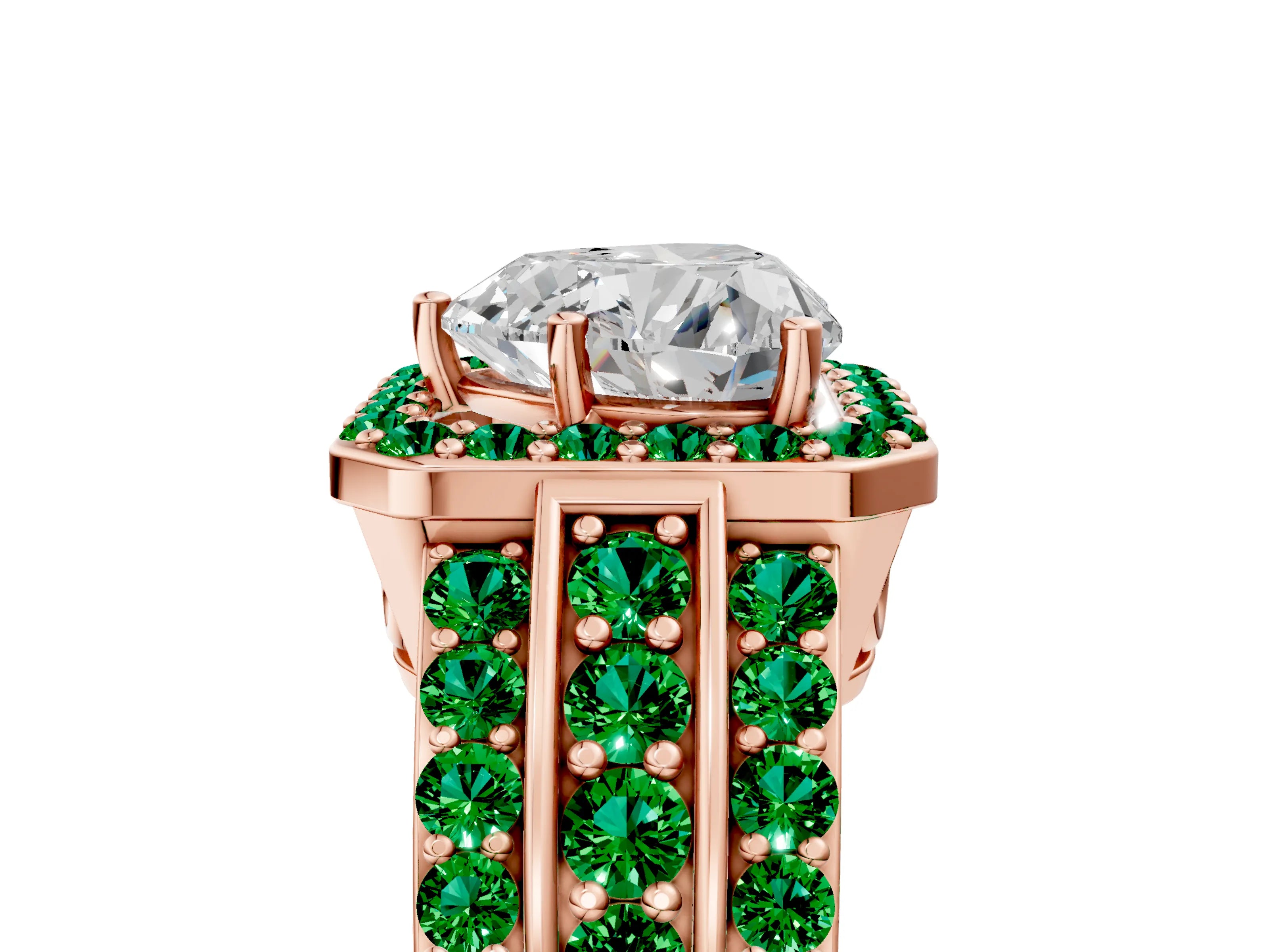 Rose gold Heart Cut Halo Diamond Ring with Round with Emerald side stone Split Shank and Prong Setting_5
