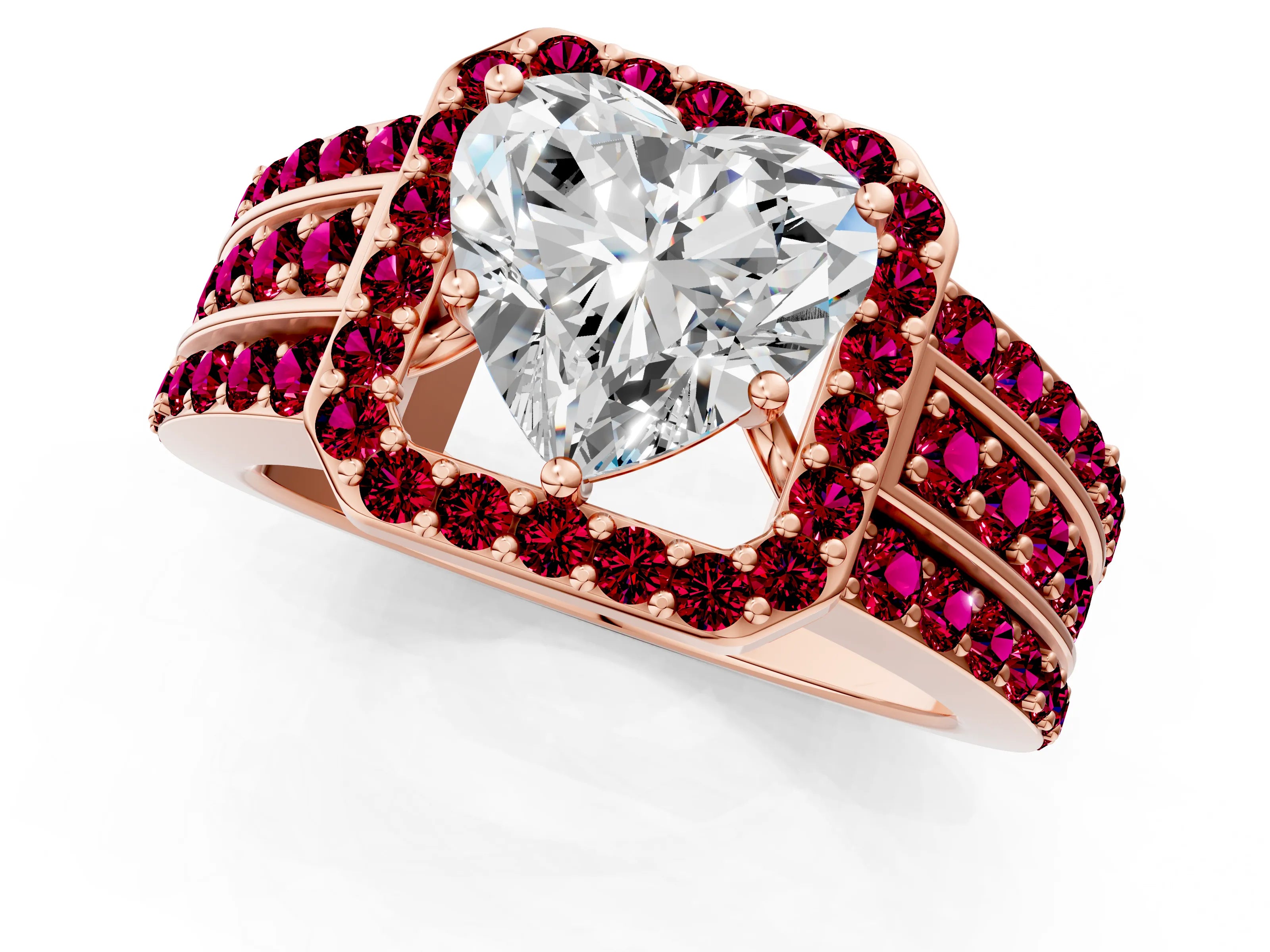 Rose gold Heart Cut Halo Diamond Ring with Round with Garnet side stone Split Shank and Prong Setting_1