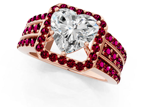 Rose gold Heart Cut Halo Diamond Ring with Round with Garnet side stone Split Shank and Prong Setting_1