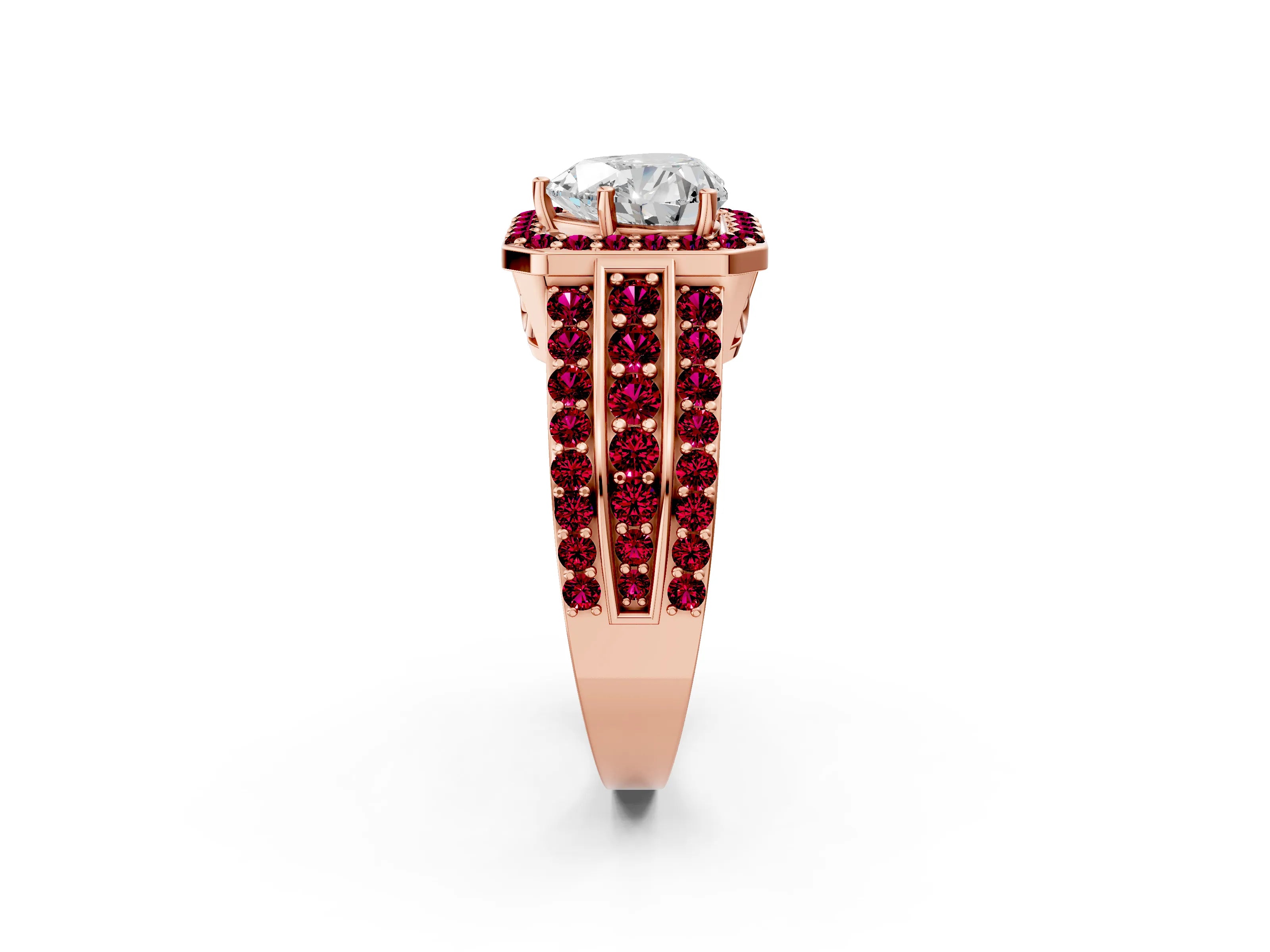 Rose gold Heart Cut Halo Diamond Ring with Round with Garnet side stone Split Shank and Prong Setting_2