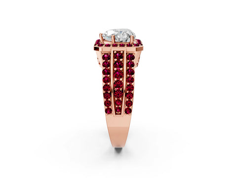 Rose gold Heart Cut Halo Diamond Ring with Round with Garnet side stone Split Shank and Prong Setting_2