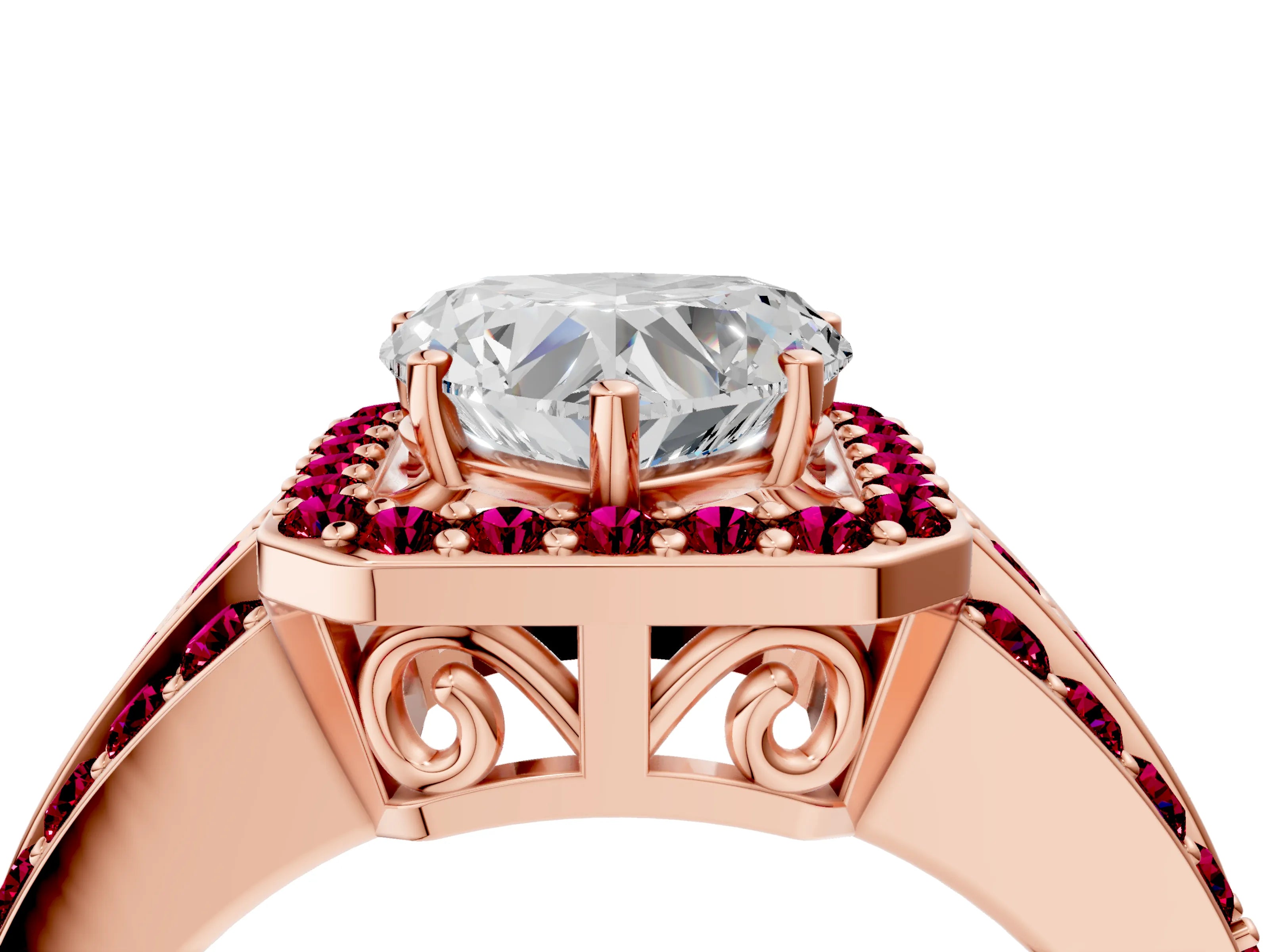 Rose gold Heart Cut Halo Diamond Ring with Round with Garnet side stone Split Shank and Prong Setting_4