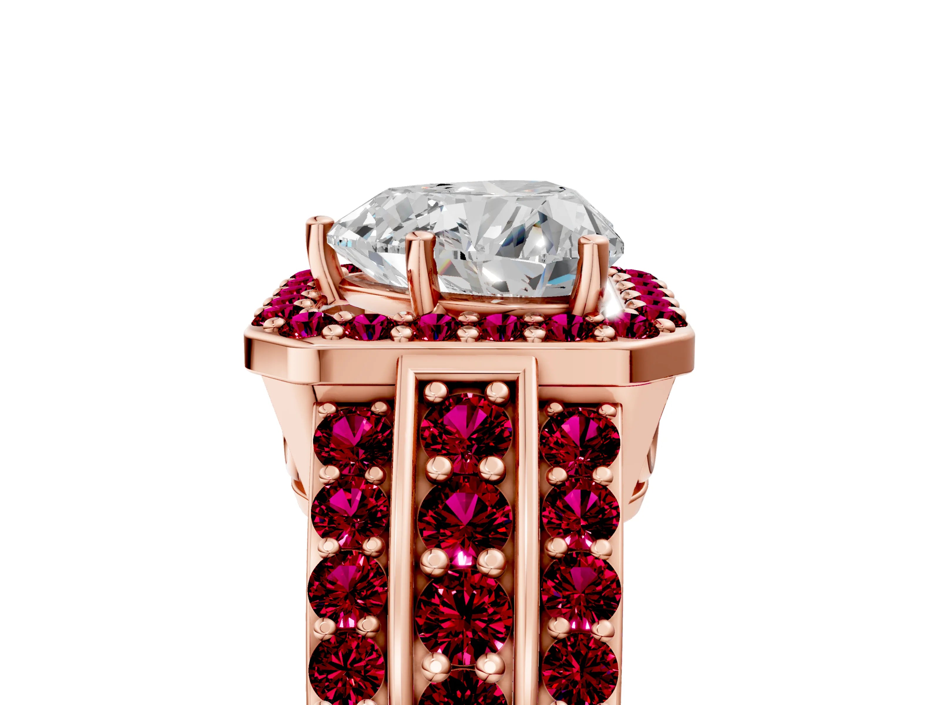 Rose gold Heart Cut Halo Diamond Ring with Round with Garnet side stone Split Shank and Prong Setting_5