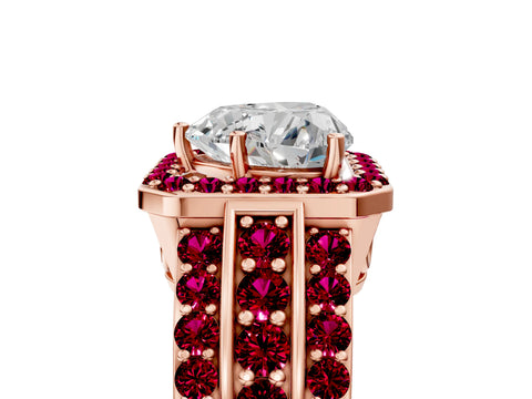 Rose gold Heart Cut Halo Diamond Ring with Round with Garnet side stone Split Shank and Prong Setting_5