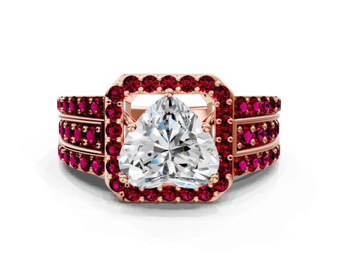 Rose gold Heart Cut Halo Diamond Ring with Round with Garnet side stone Split Shank and Prong Setting