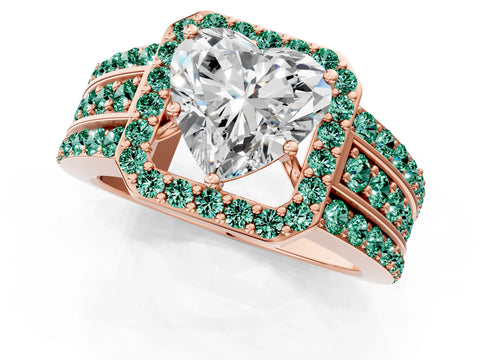 Rose gold Heart Cut Halo Diamond Ring with Round with Green Sapphire side stone Split Shank and Prong Setting_1