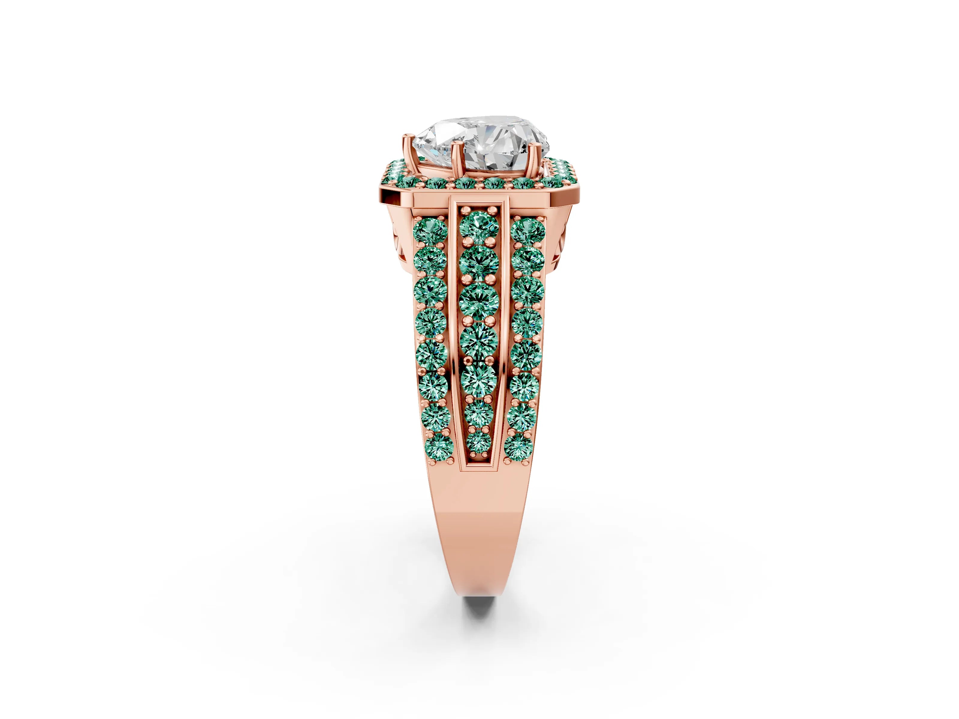 Rose gold Heart Cut Halo Diamond Ring with Round with Green Sapphire side stone Split Shank and Prong Setting_2