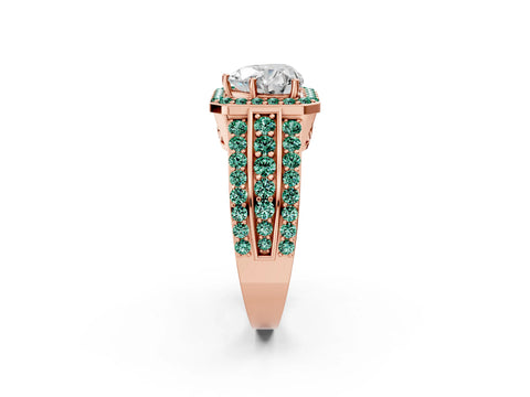 Rose gold Heart Cut Halo Diamond Ring with Round with Green Sapphire side stone Split Shank and Prong Setting_2