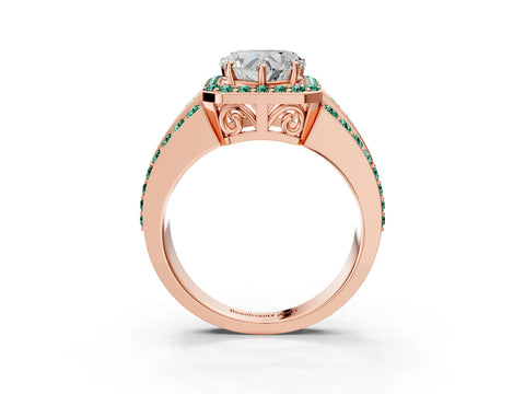 Rose gold Heart Cut Halo Diamond Ring with Round with Green Sapphire side stone Split Shank and Prong Setting_3