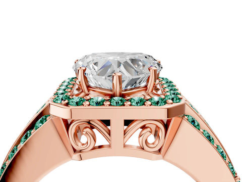 Rose gold Heart Cut Halo Diamond Ring with Round with Green Sapphire side stone Split Shank and Prong Setting_4