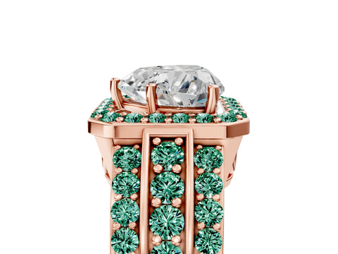 Rose gold Heart Cut Halo Diamond Ring with Round with Green Sapphire side stone Split Shank and Prong Setting_5