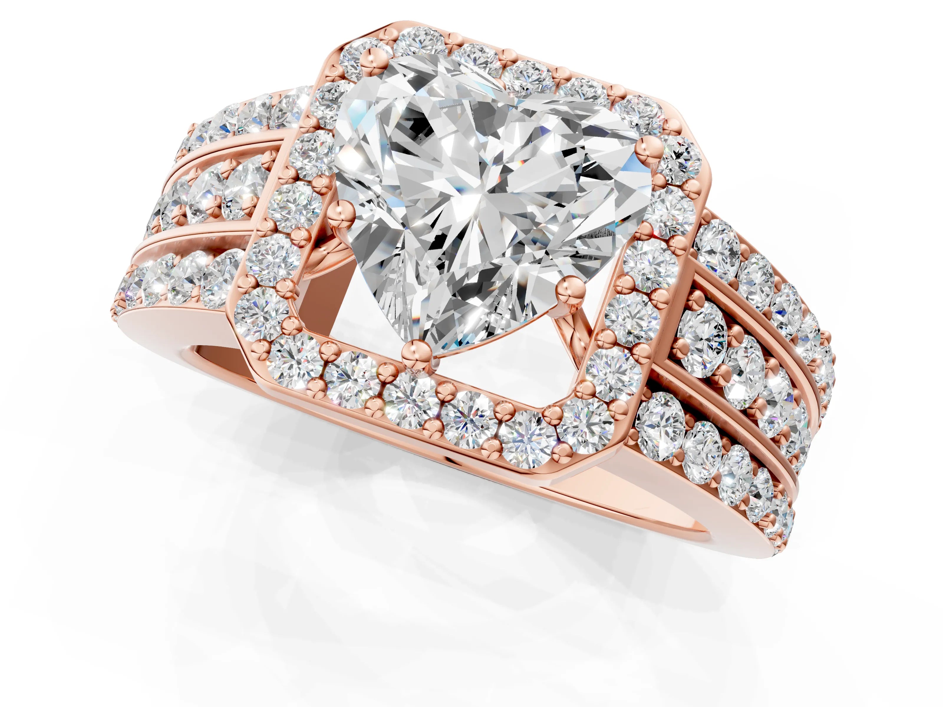 Rose gold Heart Cut Halo Diamond Ring with Round with Moissanite side stone Split Shank and Prong Setting_1