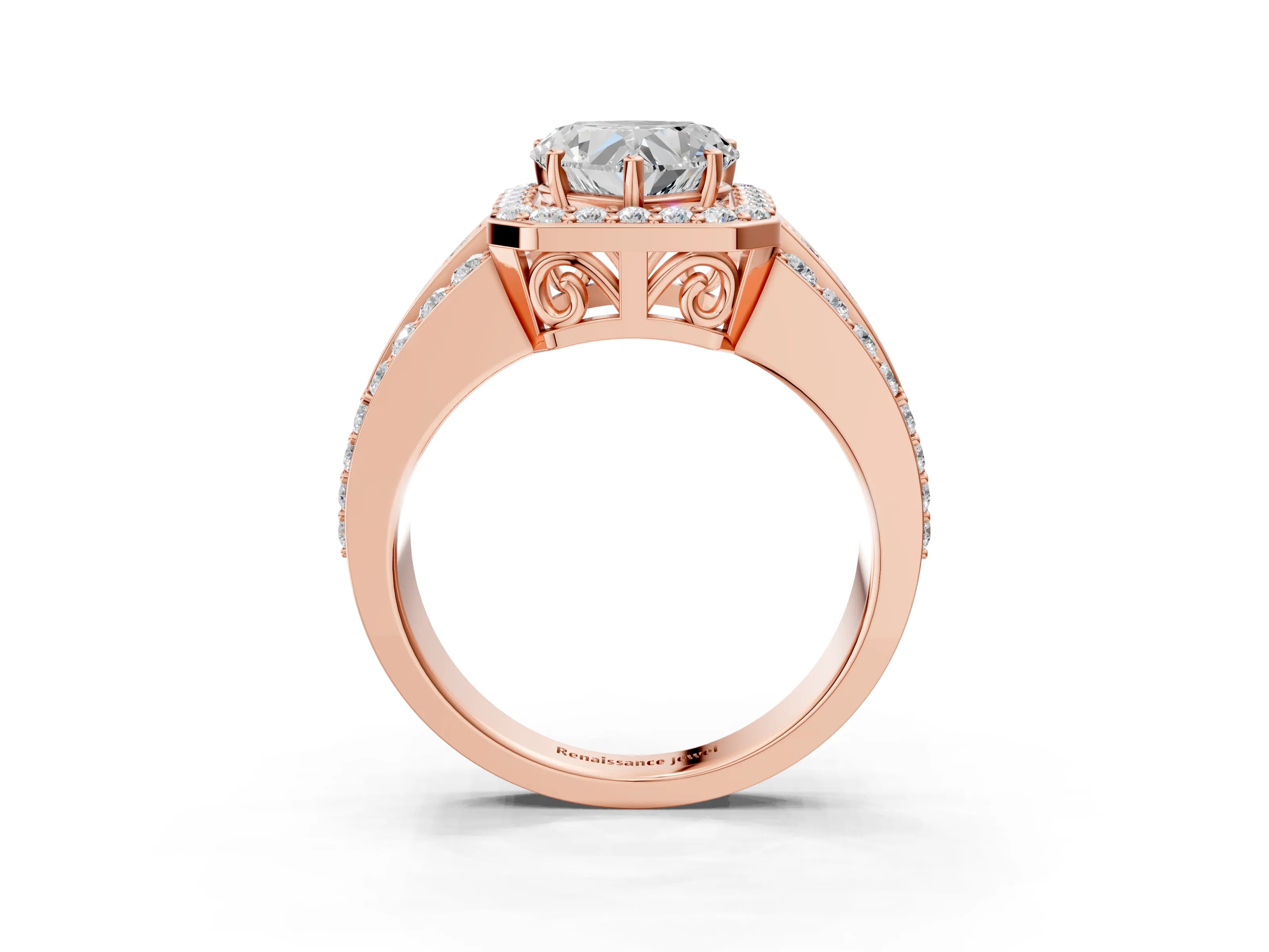Rose gold Heart Cut Halo Diamond Ring with Round with Moissanite side stone Split Shank and Prong Setting_3