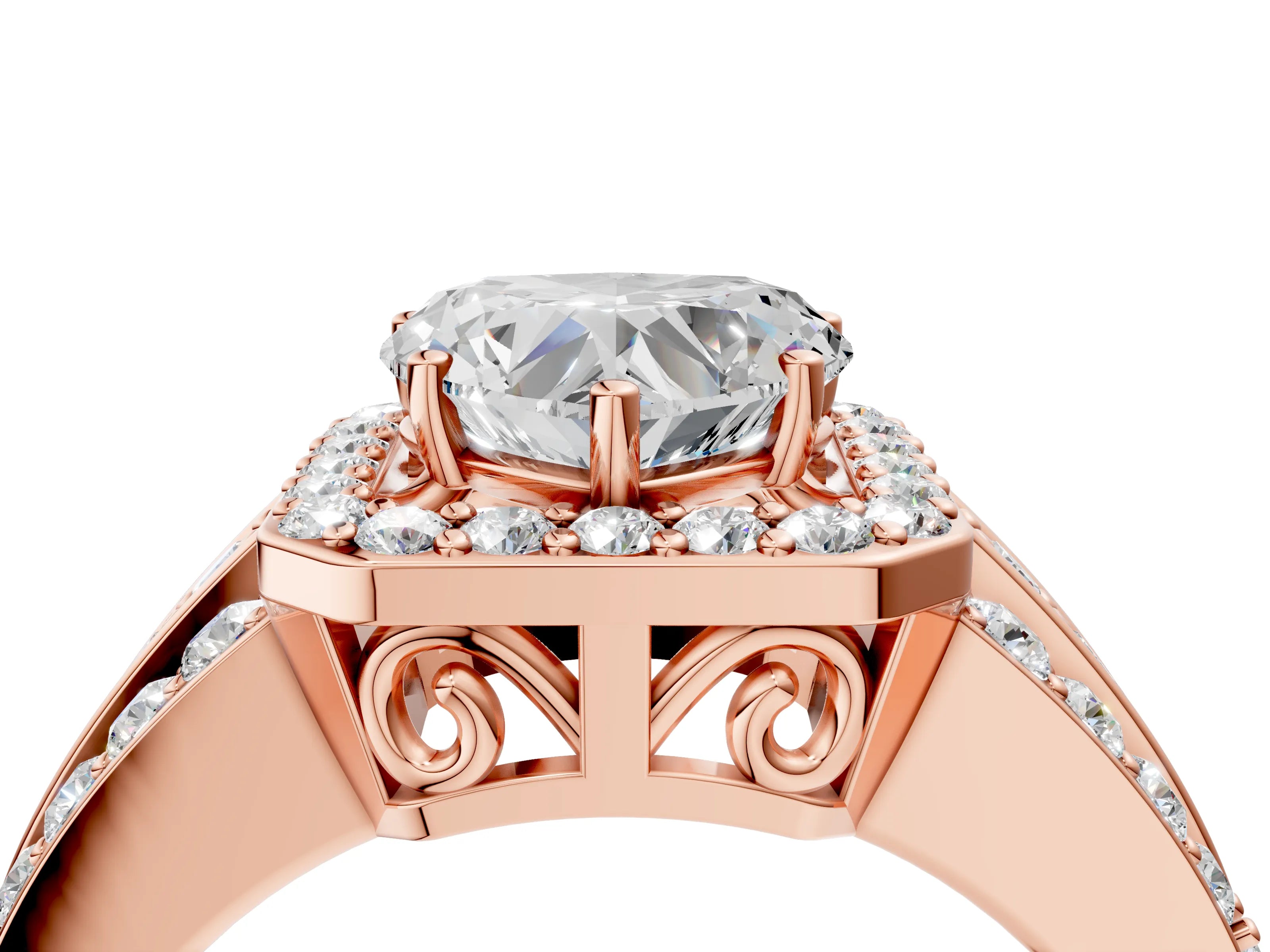Rose gold Heart Cut Halo Diamond Ring with Round with Moissanite side stone Split Shank and Prong Setting_4