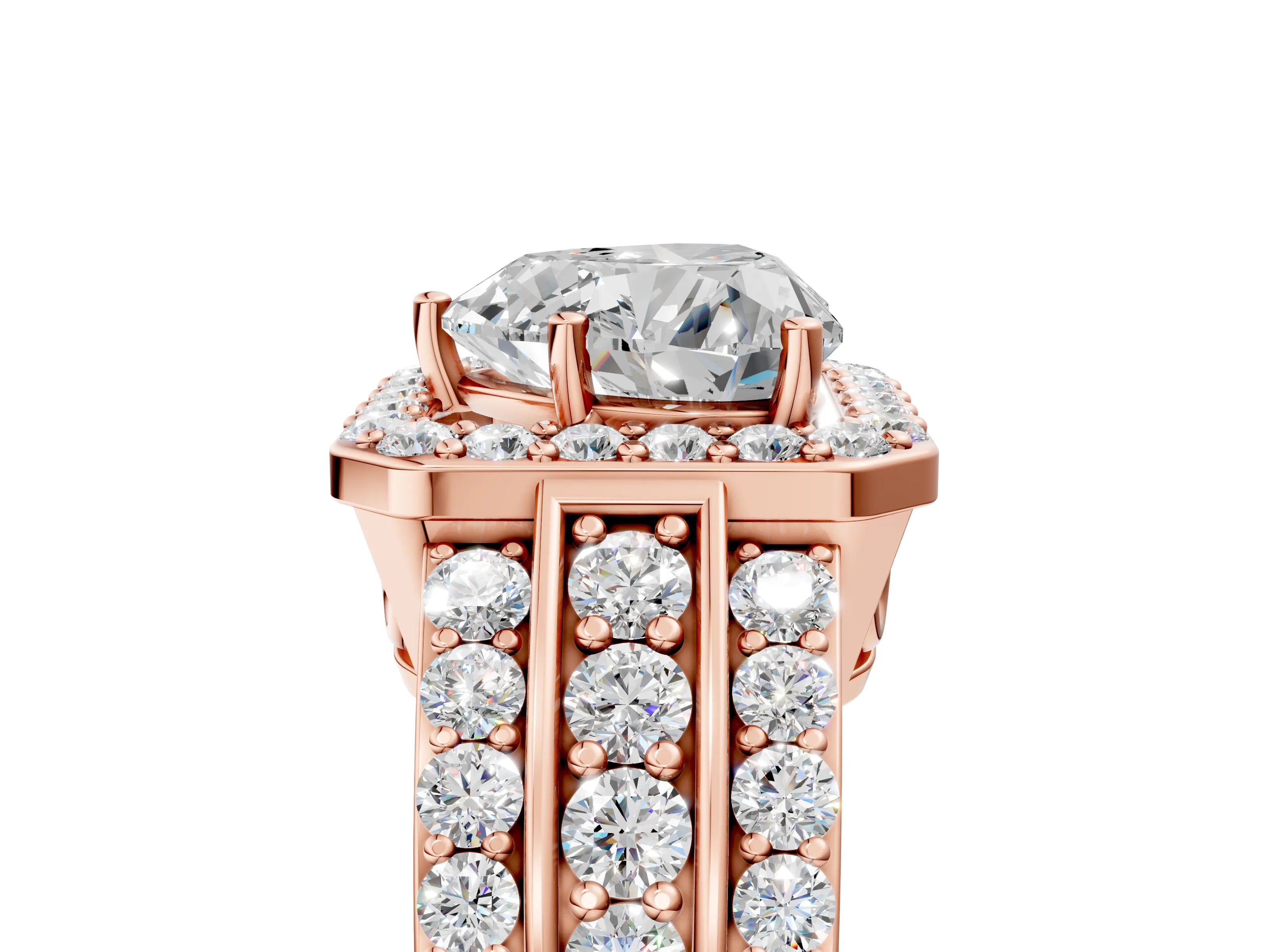 Rose gold Heart Cut Halo Diamond Ring with Round with Moissanite side stone Split Shank and Prong Setting_5