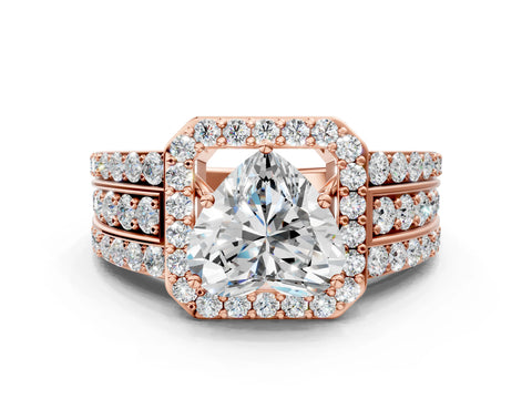 Rose gold Heart Cut Halo Diamond Ring with Round with Moissanite side stone Split Shank and Prong Setting