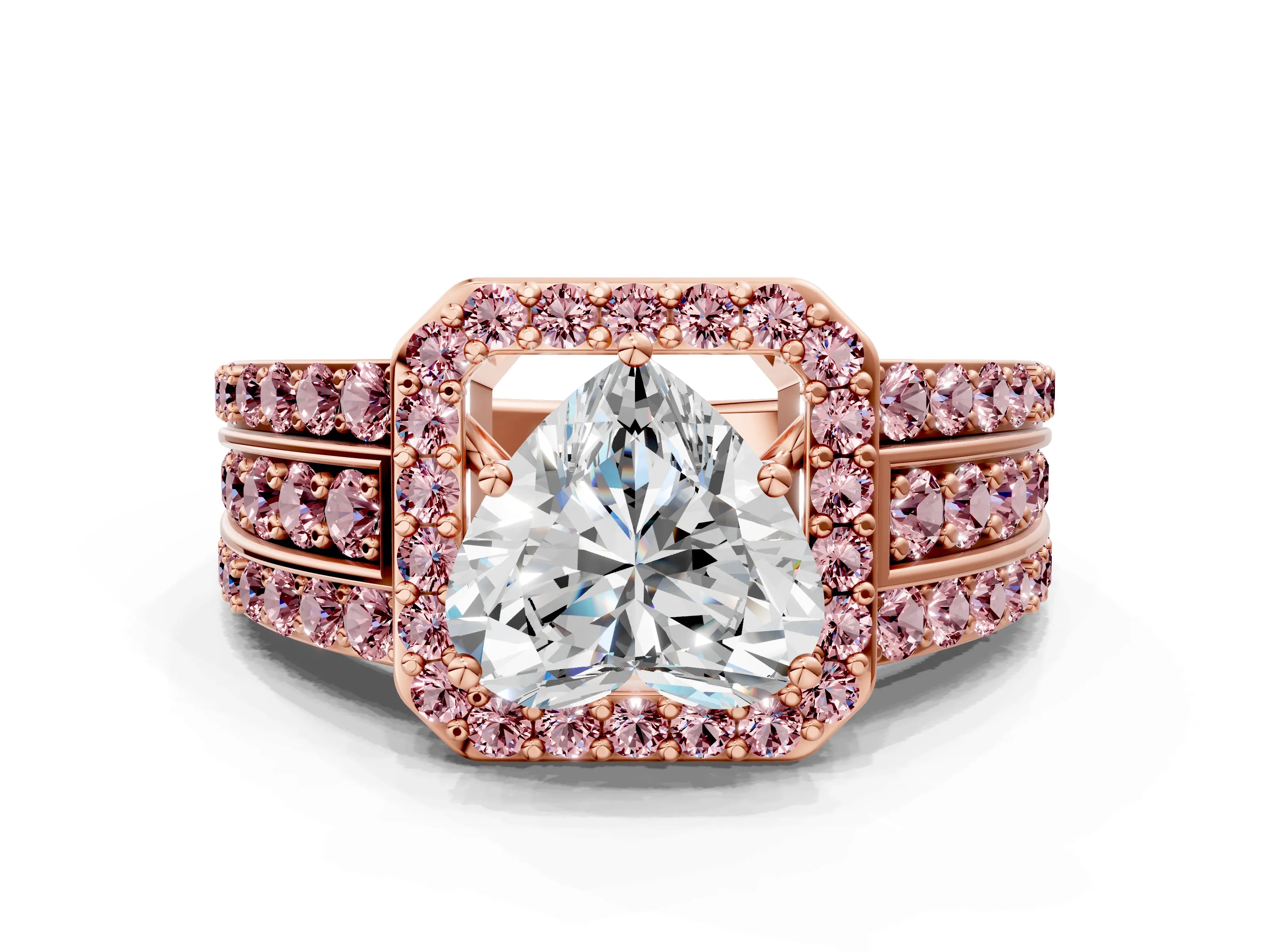 Rose gold Heart Cut Halo Diamond Ring with Round with Morganite side stone Split Shank and Prong Setting