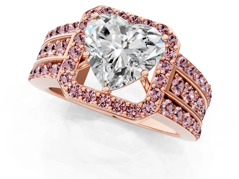 Rose gold Heart Cut Halo Diamond Ring with Round with Morganite side stone Split Shank and Prong Setting_1