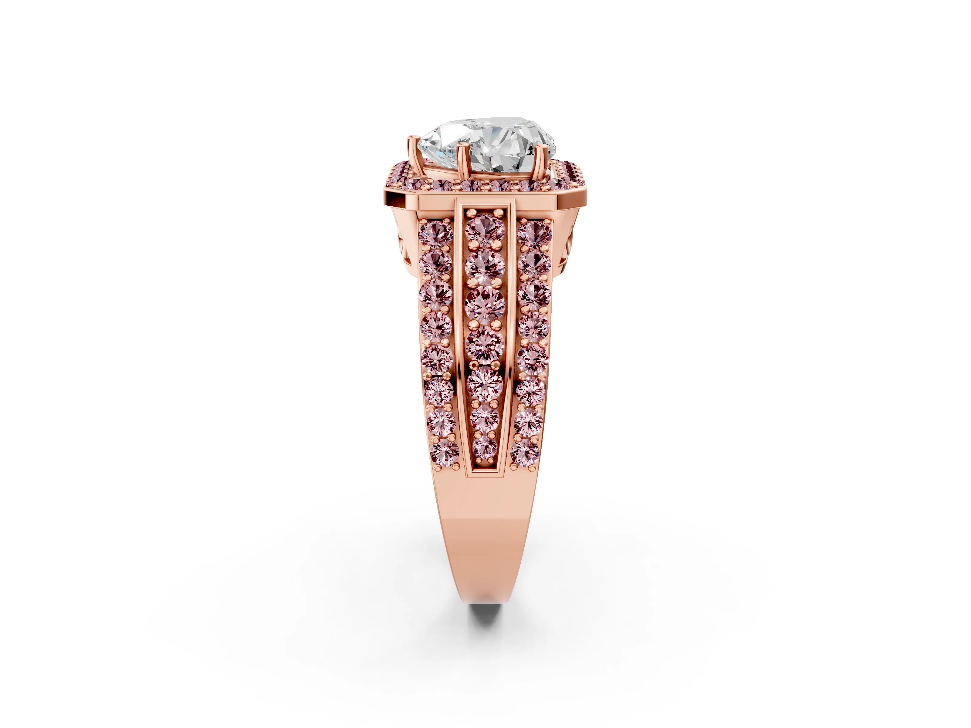Rose gold Heart Cut Halo Diamond Ring with Round with Morganite side stone Split Shank and Prong Setting_2