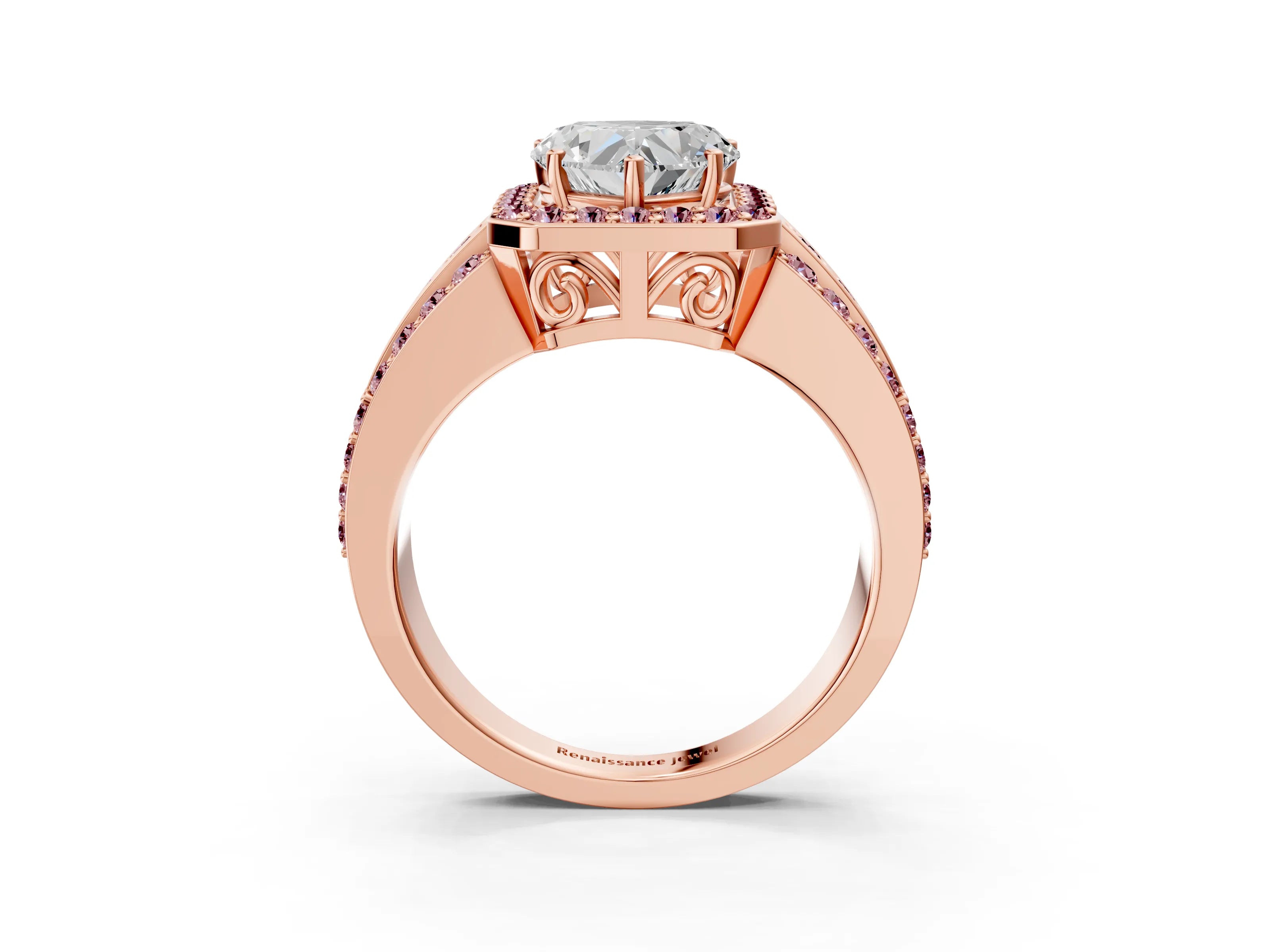 Rose gold Heart Cut Halo Diamond Ring with Round with Morganite side stone Split Shank and Prong Setting_3