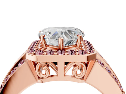 Rose gold Heart Cut Halo Diamond Ring with Round with Morganite side stone Split Shank and Prong Setting_4