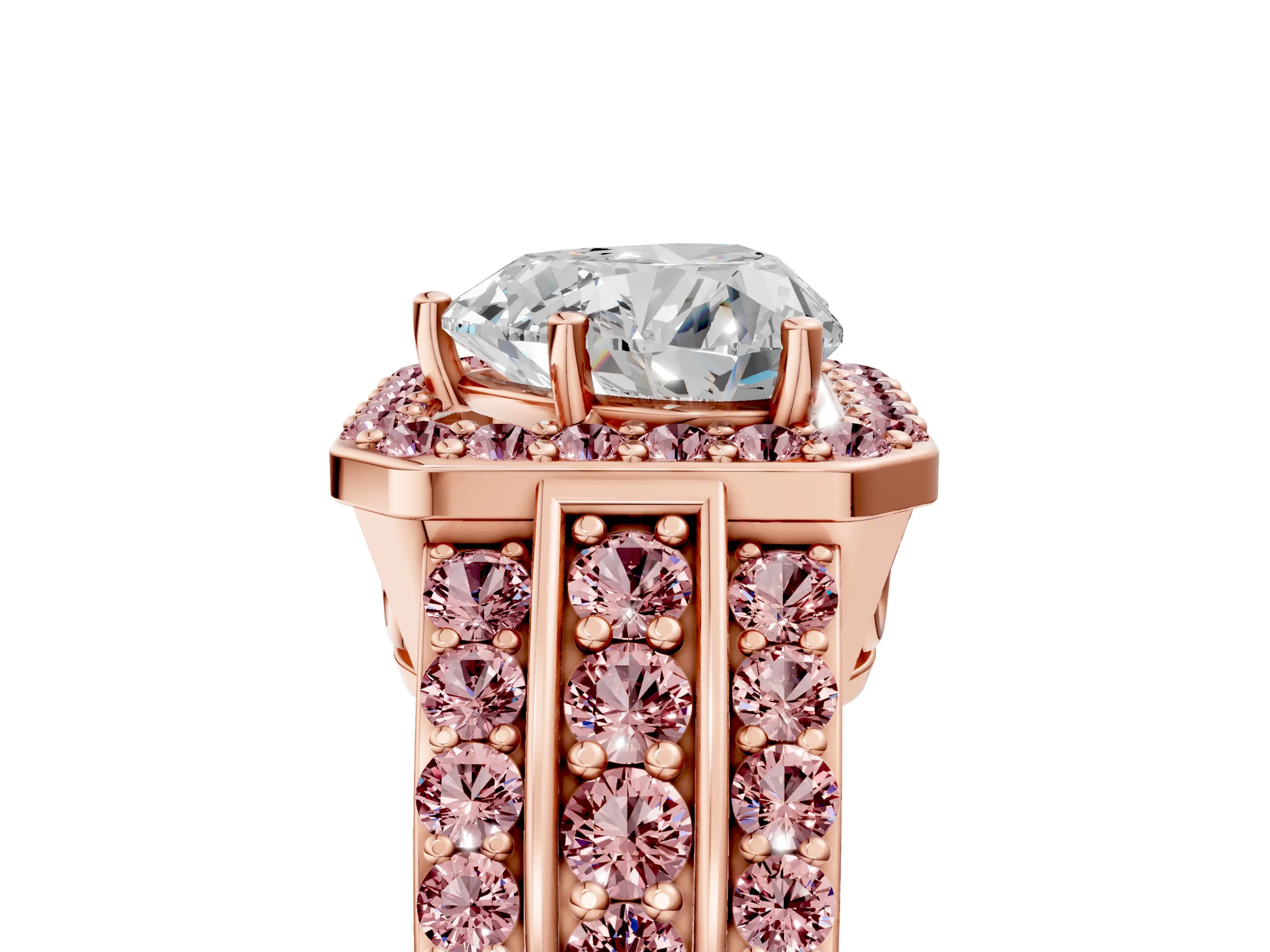 Rose gold Heart Cut Halo Diamond Ring with Round with Morganite side stone Split Shank and Prong Setting_5