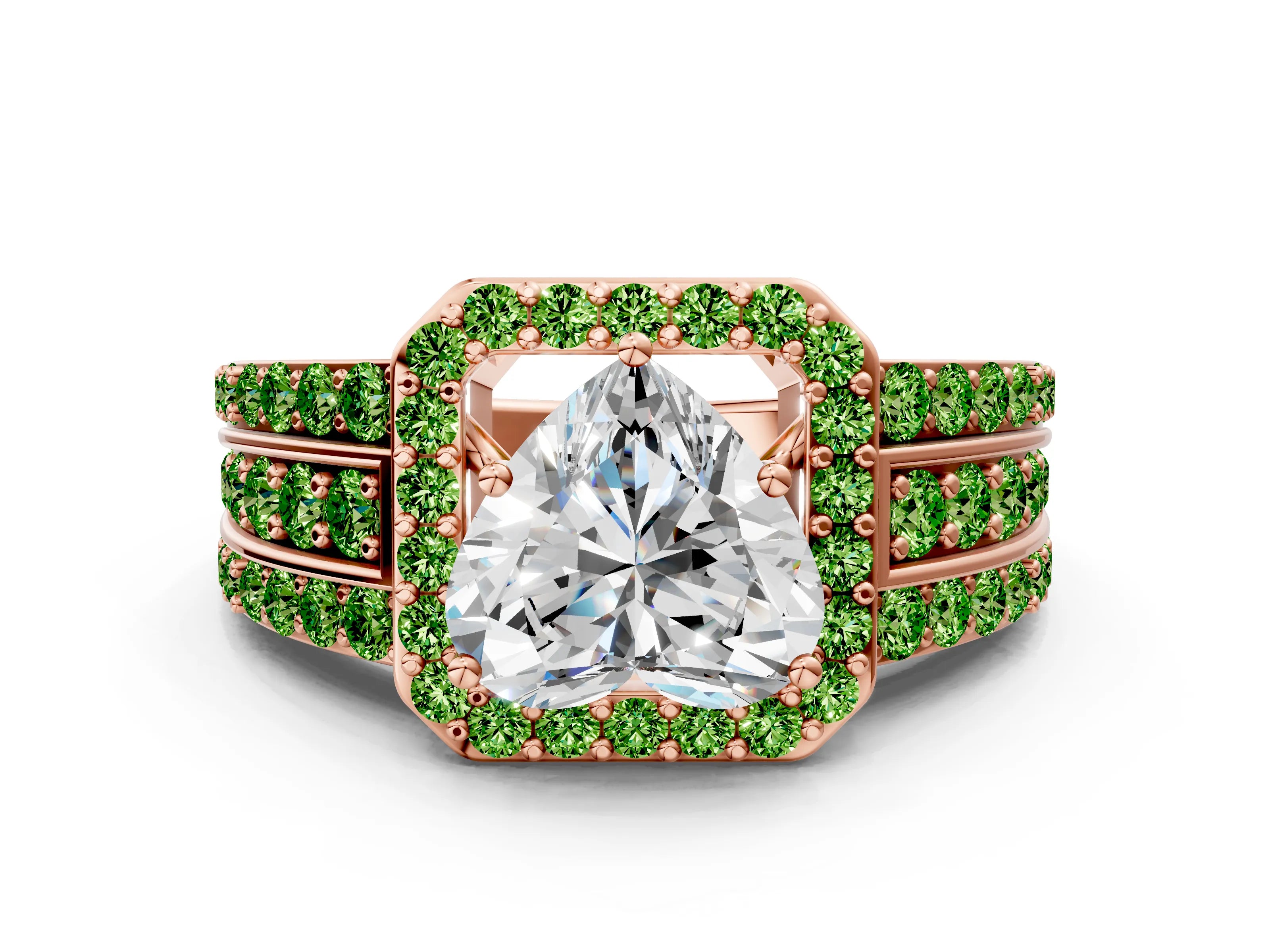 Rose gold Heart Cut Halo Diamond Ring with Round with Peridot side stone Split Shank and Prong Setting