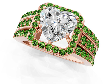 Rose gold Heart Cut Halo Diamond Ring with Round with Peridot side stone Split Shank and Prong Setting_1