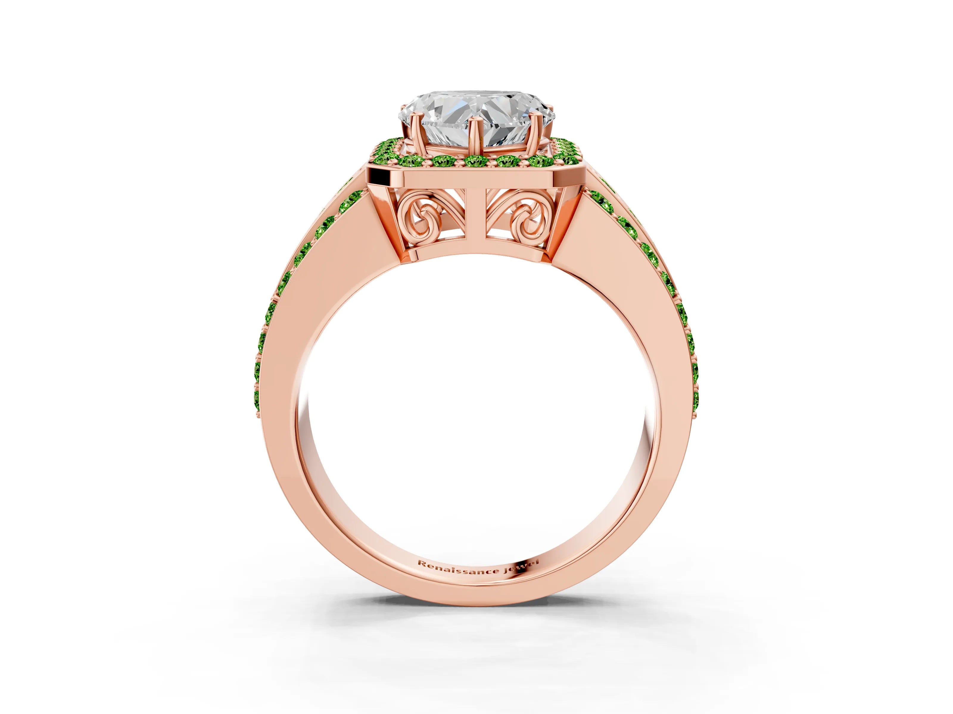 Rose gold Heart Cut Halo Diamond Ring with Round with Peridot side stone Split Shank and Prong Setting_3