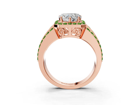 Rose gold Heart Cut Halo Diamond Ring with Round with Peridot side stone Split Shank and Prong Setting_3