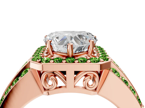 Rose gold Heart Cut Halo Diamond Ring with Round with Peridot side stone Split Shank and Prong Setting_4