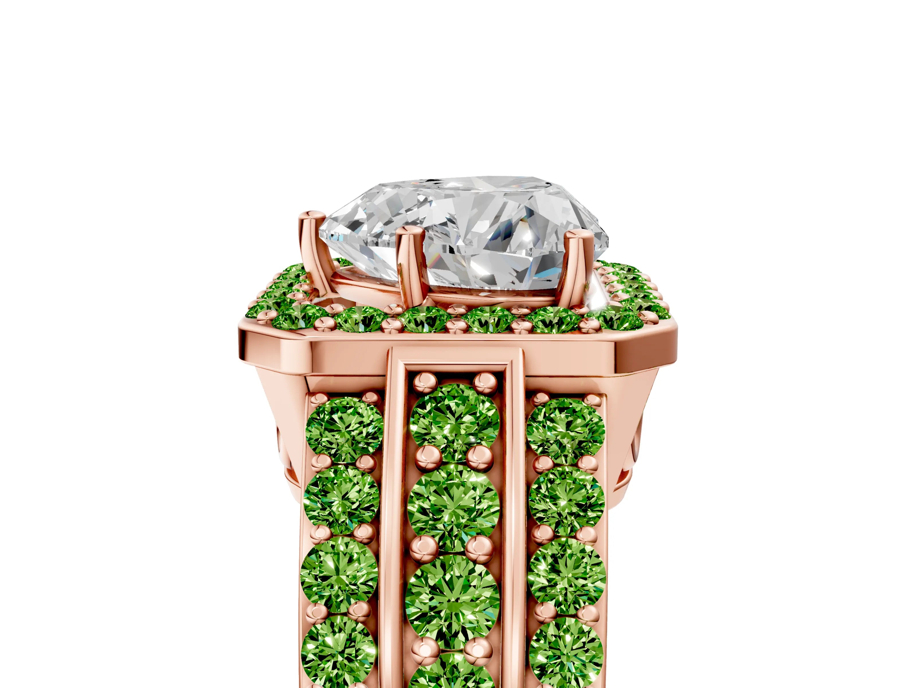 Rose gold Heart Cut Halo Diamond Ring with Round with Peridot side stone Split Shank and Prong Setting_5
