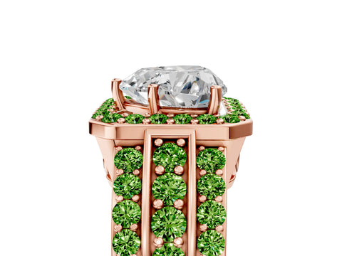 Rose gold Heart Cut Halo Diamond Ring with Round with Peridot side stone Split Shank and Prong Setting_5