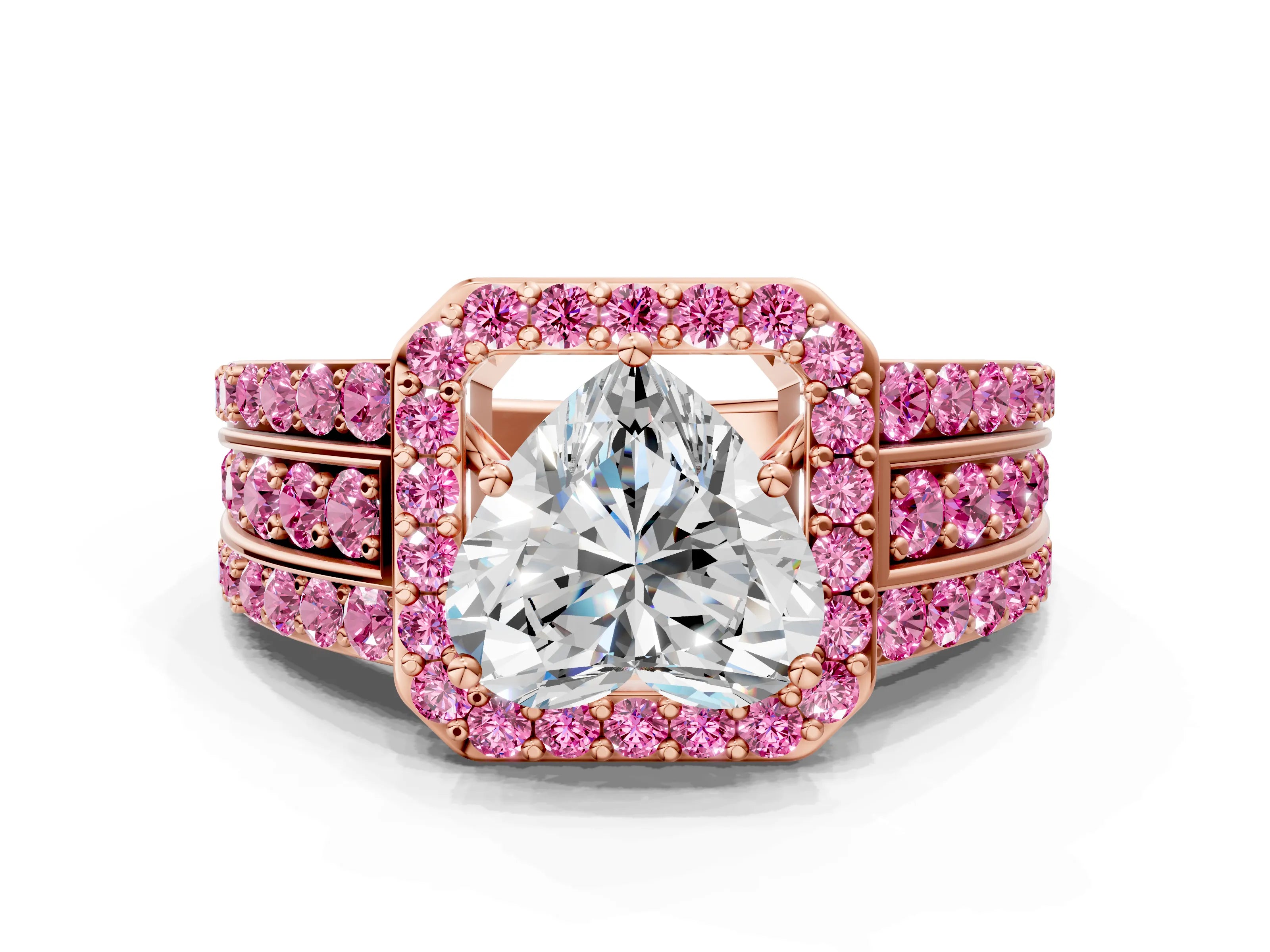 Rose gold Heart Cut Halo Diamond Ring with Round with Pink Sapphire side stone Split Shank and Prong Setting