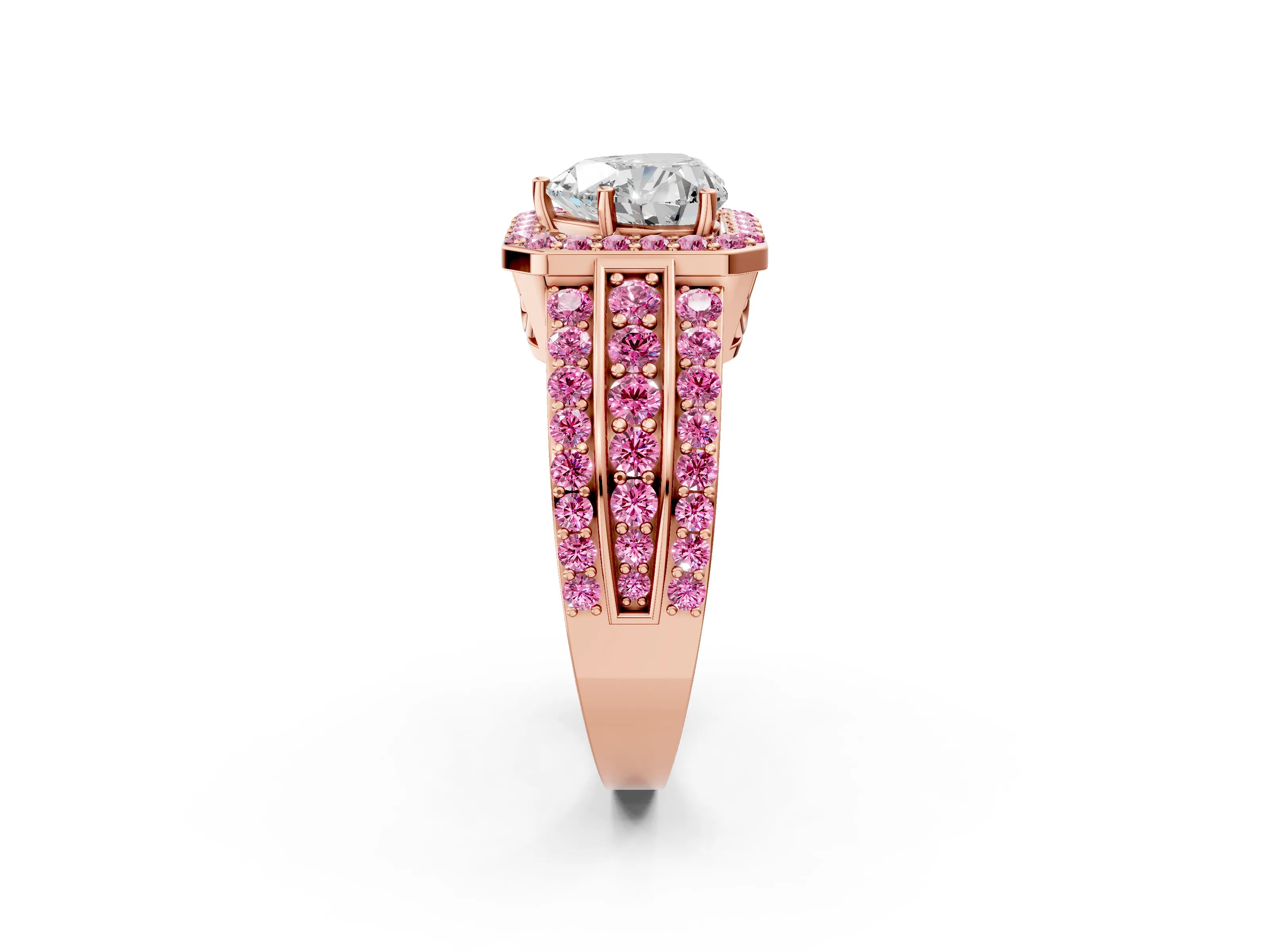 Rose gold Heart Cut Halo Diamond Ring with Round with Pink Sapphire side stone Split Shank and Prong Setting_2