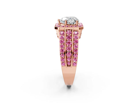 Rose gold Heart Cut Halo Diamond Ring with Round with Pink Sapphire side stone Split Shank and Prong Setting_2