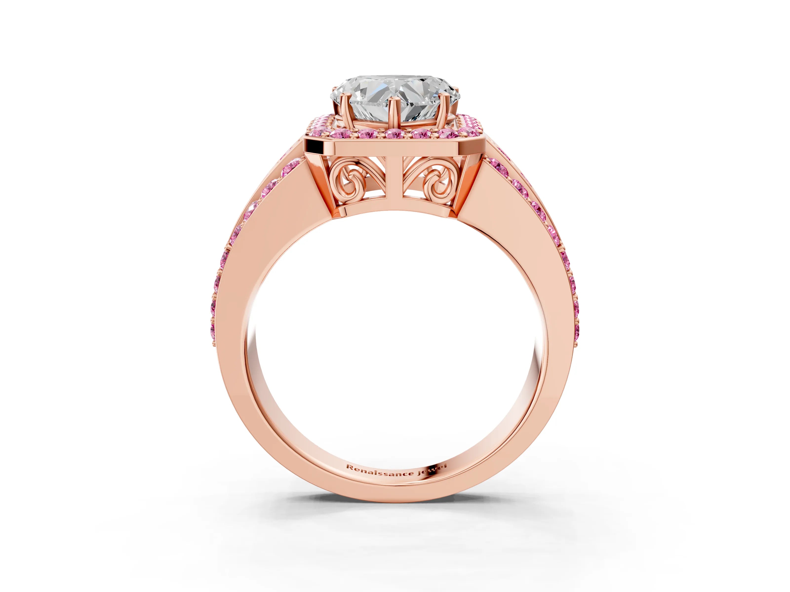 Rose gold Heart Cut Halo Diamond Ring with Round with Pink Sapphire side stone Split Shank and Prong Setting_3