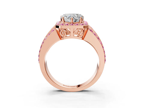 Rose gold Heart Cut Halo Diamond Ring with Round with Pink Sapphire side stone Split Shank and Prong Setting_3