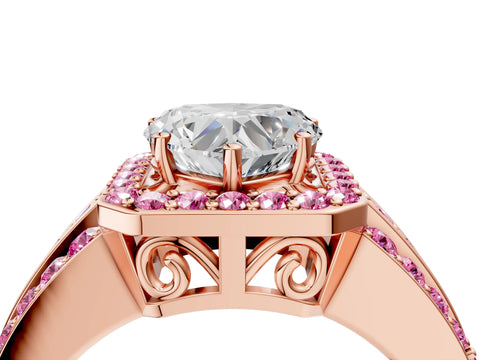 Rose gold Heart Cut Halo Diamond Ring with Round with Pink Sapphire side stone Split Shank and Prong Setting_4