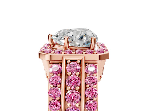 Rose gold Heart Cut Halo Diamond Ring with Round with Pink Sapphire side stone Split Shank and Prong Setting_5