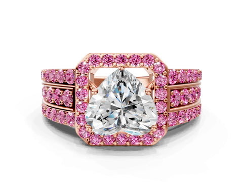 Rose gold Heart Cut Halo Diamond Ring with Round with Pink Sapphire side stone Split Shank and Prong Setting