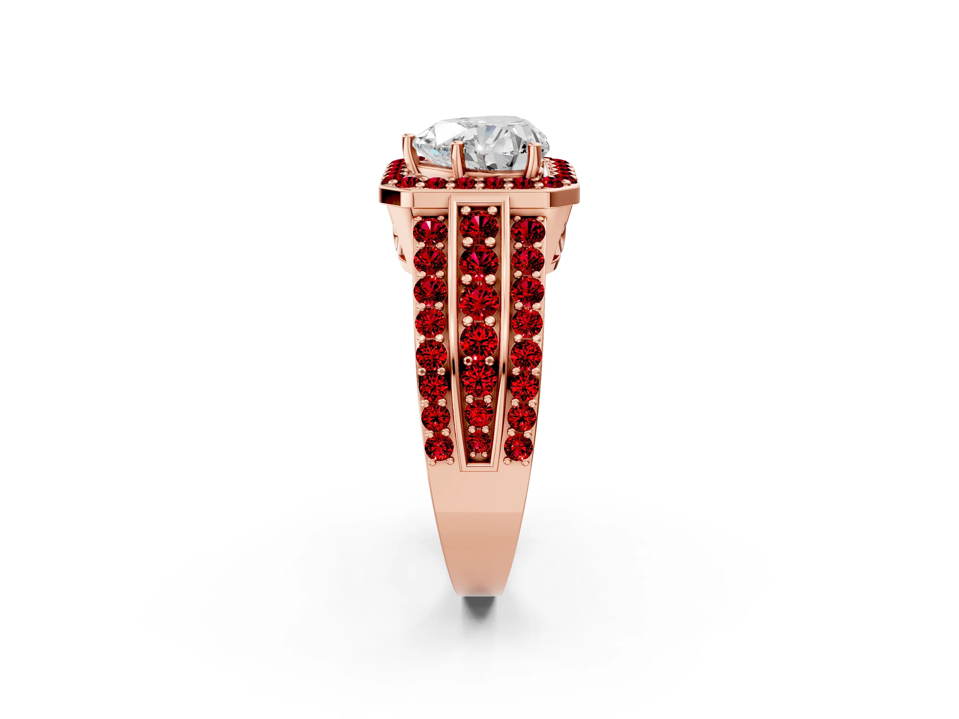 Rose gold Heart Cut Halo Diamond Ring with Round with Ruby side stone Split Shank and Prong Setting_2