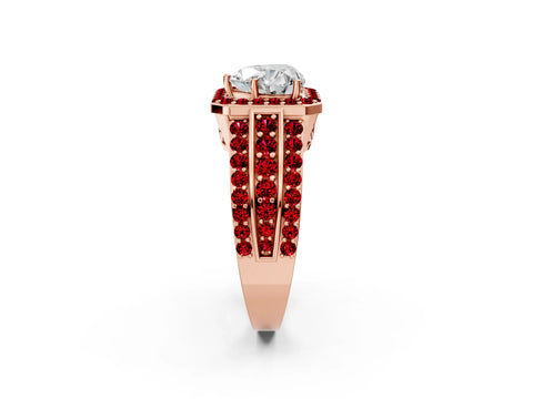 Rose gold Heart Cut Halo Diamond Ring with Round with Ruby side stone Split Shank and Prong Setting_2