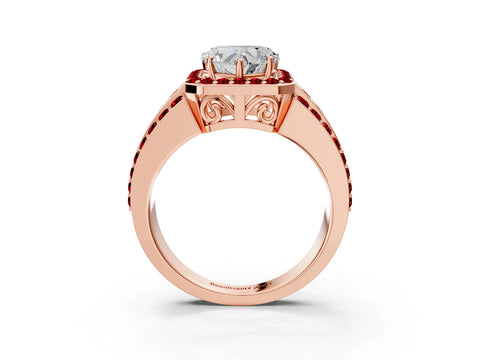 Rose gold Heart Cut Halo Diamond Ring with Round with Ruby side stone Split Shank and Prong Setting_3