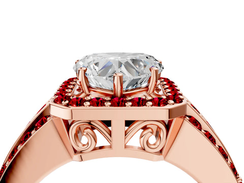 Rose gold Heart Cut Halo Diamond Ring with Round with Ruby side stone Split Shank and Prong Setting_4