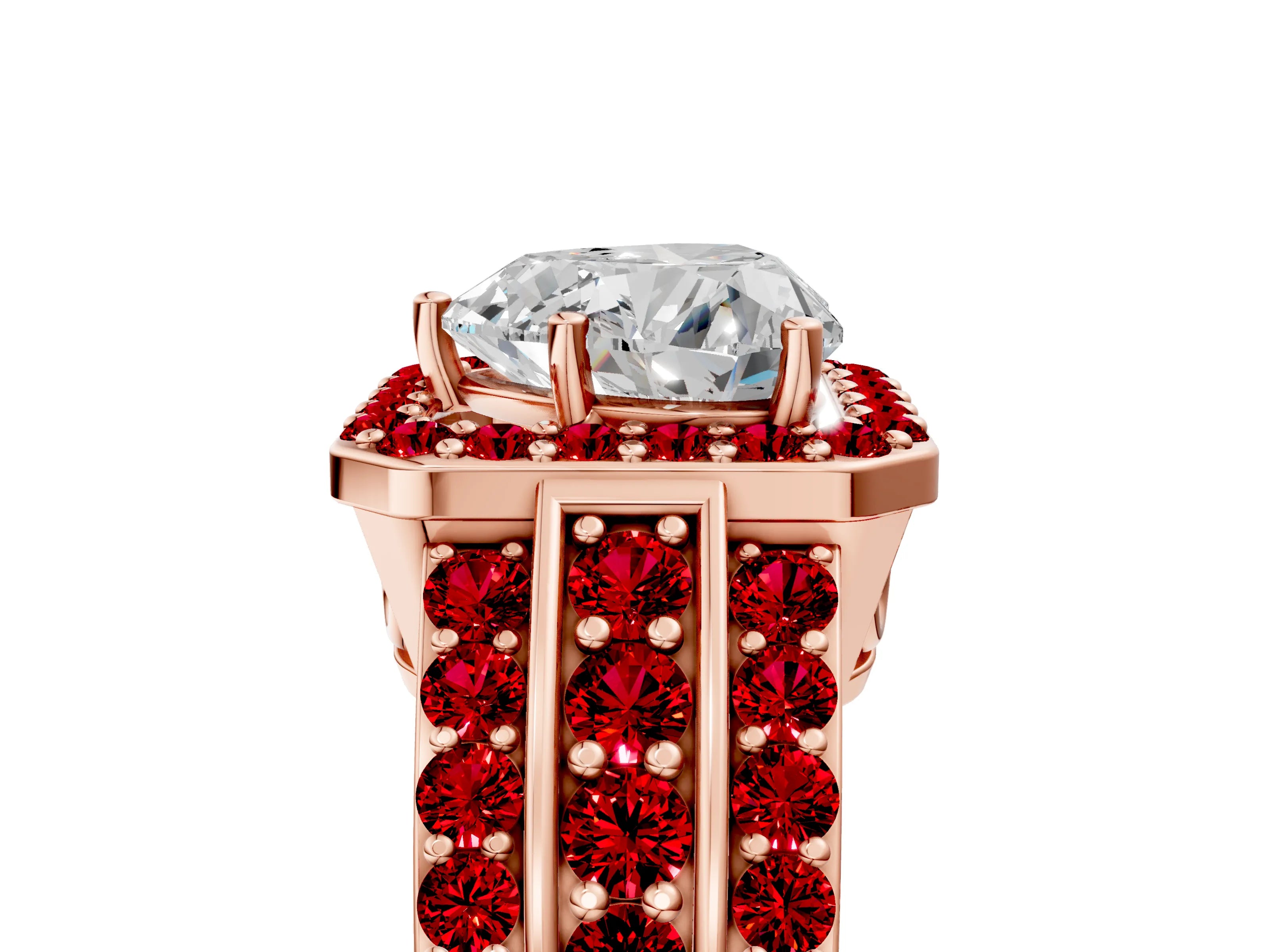 Rose gold Heart Cut Halo Diamond Ring with Round with Ruby side stone Split Shank and Prong Setting_5