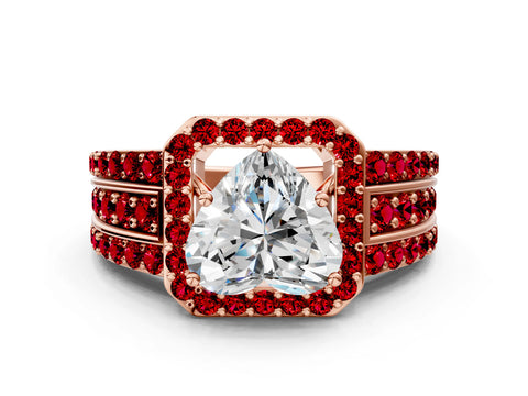 Rose gold Heart Cut Halo Diamond Ring with Round with Ruby side stone Split Shank and Prong Setting