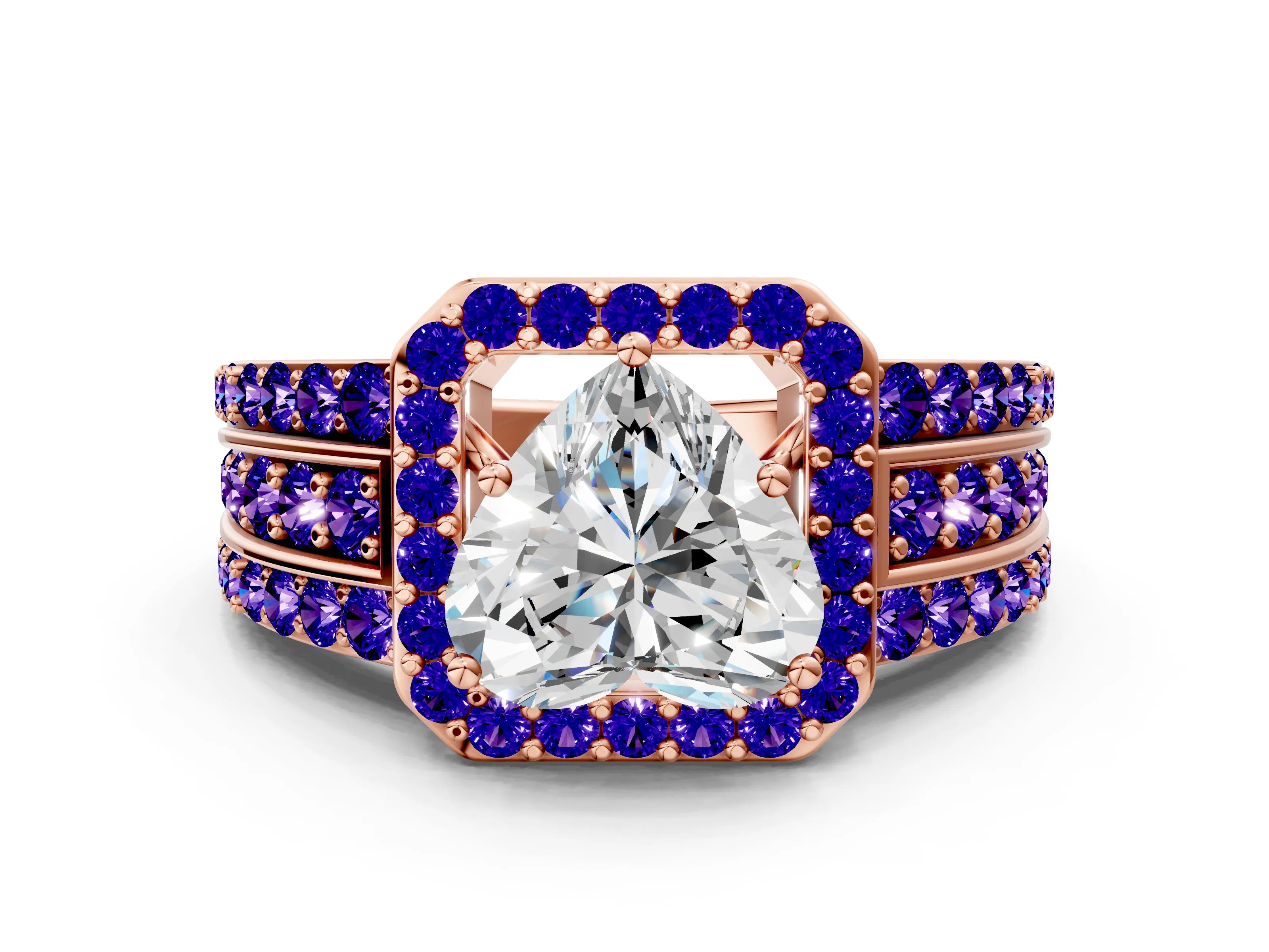 Rose gold Heart Cut Halo Diamond Ring with Round with Tanzanite side stone Split Shank and Prong Setting