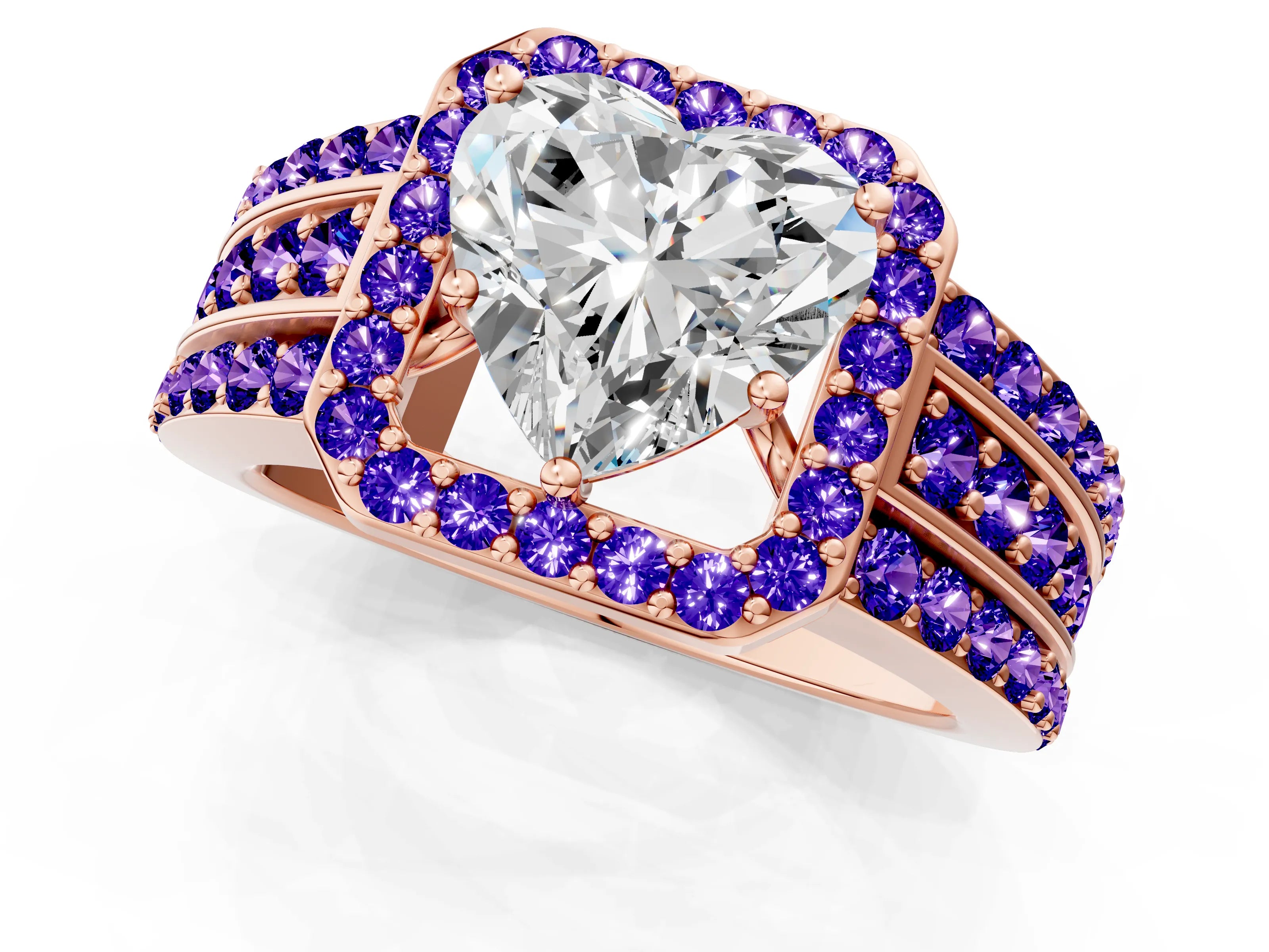 Rose gold Heart Cut Halo Diamond Ring with Round with Tanzanite side stone Split Shank and Prong Setting_1