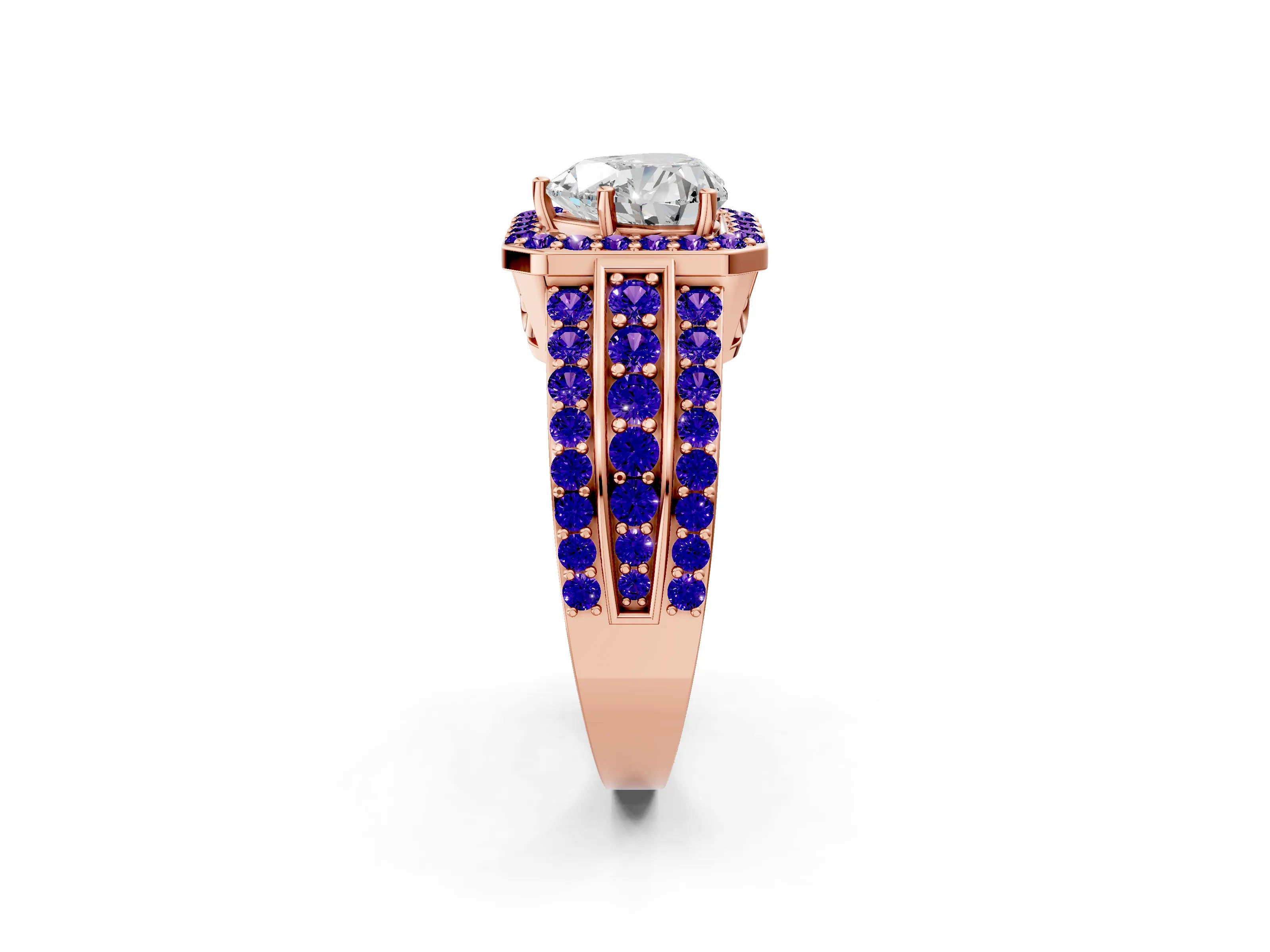 Rose gold Heart Cut Halo Diamond Ring with Round with Tanzanite side stone Split Shank and Prong Setting_2